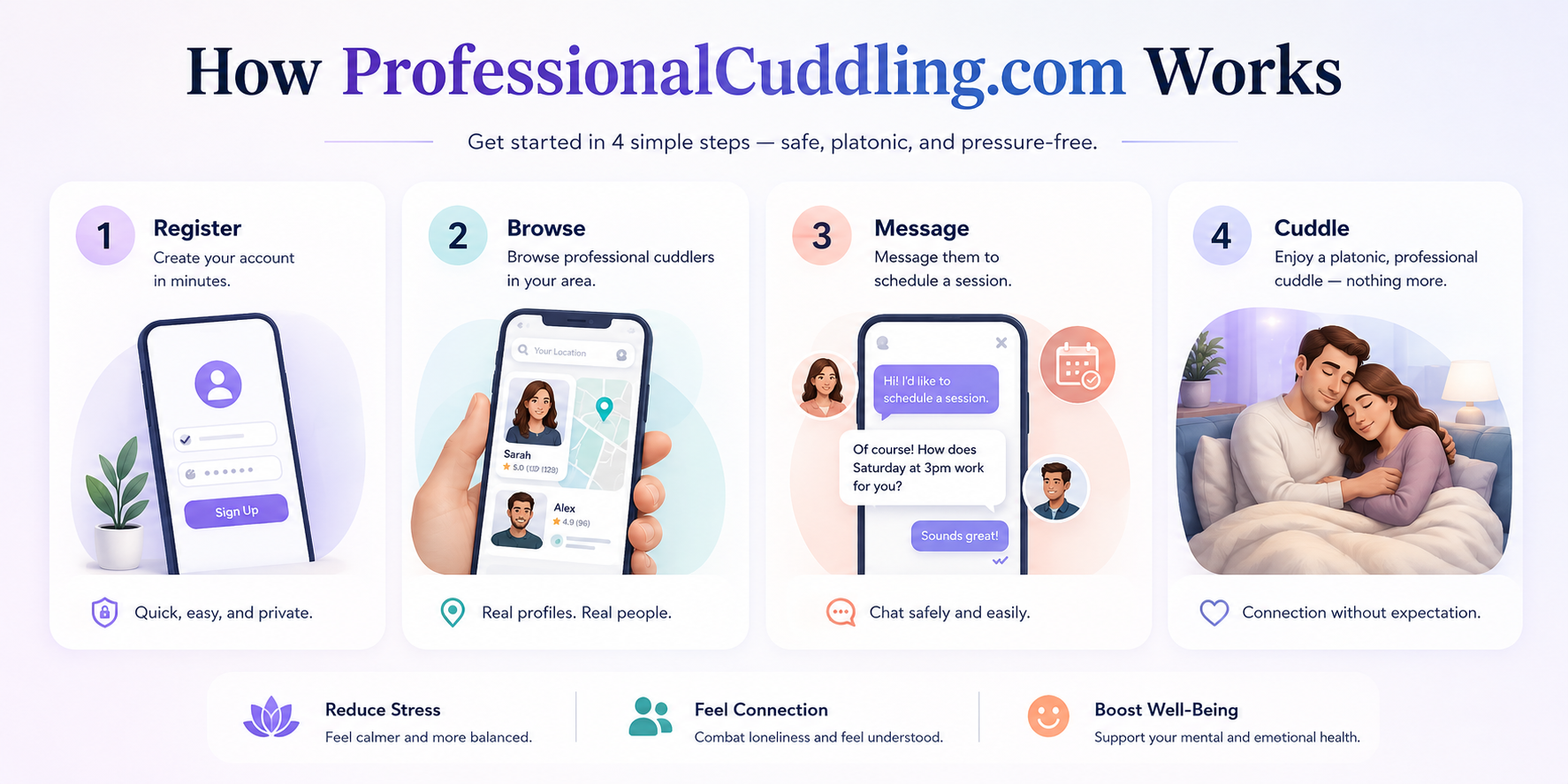 Illustration showing how professional cuddling works - find cuddle buddies near you